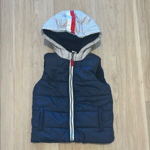 Navy Hooded Puffer Vest with Red Stripe